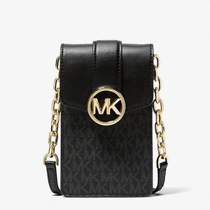 NWT Michael Kors Black Signature Print Phone Case Crossbody w/Gold Hardware